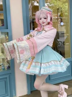Little Zombie Series Pink Chinese Knot Traditional Elements High Waist Cute Playful Sweet Lolita Long Sleeves Dress Set -MIMY Lolita Shop 3 500x672 376