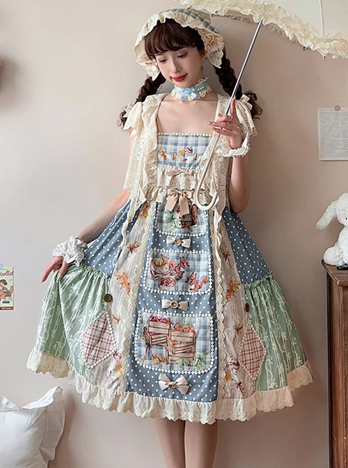 Squirrel Market Series Retro Pastoral Style Lace Bow Decoration Patchwork Skirt Sweet Lolita Sleeveless Dress 6 Squirrel Market Series Retro Pastoral Style Lace Bow Decoration Patchwork Skirt Sweet Lolita Sleeveless Dress - Image 4