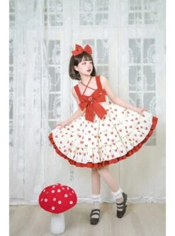 Hi My Sweetheart Series JSK Summer White Short Three-segment Hem Red Love ​Lace Bow Decoration Sweet Lolita Sleeveless Dress -MIMY Lolita Shop 3 500x672 383