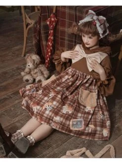 Mushroom Raccoon Series OP Cute Printing Plush Pockets Brown Hooded Sweet Lolita Long Sleeve Dress -MIMY Lolita Shop 3 500x672 384