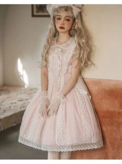 Sugar Dream Series JSK Spring Autumn High Waist Short Sleeve Pink Lace Bow Elegant Sweet Lolita Sling Long Dress And Bib -MIMY Lolita Shop 3 500x672 386