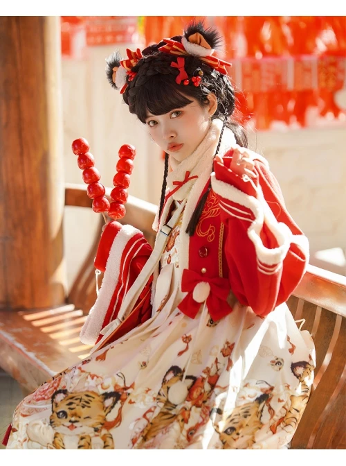 Chinese New Year Style Cute Tigers Printing JSK Sweet Lolita Winter Red Sleeveless Dress Short Coat Set 6 Chinese New Year Style Cute Tigers Printing JSK Sweet Lolita Winter Red Sleeveless Dress Short Coat Set - Image 4
