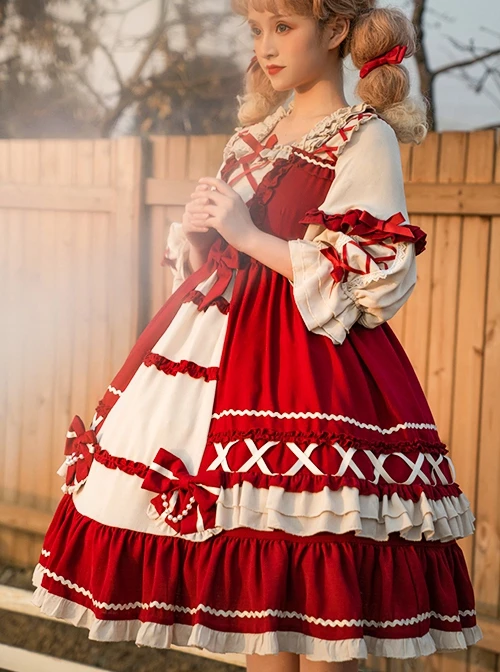 Retro Heavy Industry Ruffled Square Neck Stitching Lantern Sleeve Bow-Knot Ribbons Decoration Sweet Lolita Short-Sleeved Dress 7 Retro Heavy Industry Ruffled Square Neck Stitching Lantern Sleeve Bow-Knot Ribbons Decoration Sweet Lolita Short-Sleeved Dress - Image 5