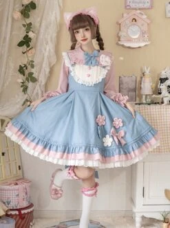 Plum Flower Snow Rabbit Series Sweet Lolita Blue Pink Plum Flower Bowknot Decoration Long Sleeve Shirt Sleeveless Dress Set -MIMY Lolita Shop 3 500x672 402