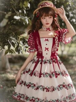Midsummer Orchard Series Pastoral Style Ruffle Red Cherry Bunny Print Sweet Lolita Checkered Puff Sleeves Dress -MIMY Lolita Shop 3 500x672 406