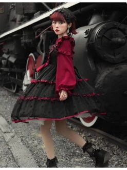 Silent Portrait Series JSK Red Bowknot Three-stage Hem Black Sweet Lolita Ruffle Sling Dress -MIMY Lolita Shop 3 500x672 408