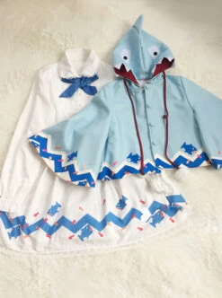 Lovely Shark Series White Long Sleeves Sweet Lolita Dress With Shark Shawl -MIMY Lolita Shop 3 500x672 409