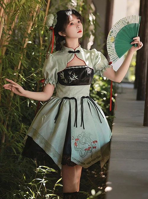 Orchid Pavilion Chinese Style Bamboo Leaves Auspicious Clouds Green Print Elegant Splice Lace Broad Sleeves Classic Lolita Dress OP 6 Orchid Pavilion Chinese Style Bamboo Leaves Auspicious Clouds Green Print Elegant Splice Lace Broad Sleeves Classic Lolita Dress OP - Image 4