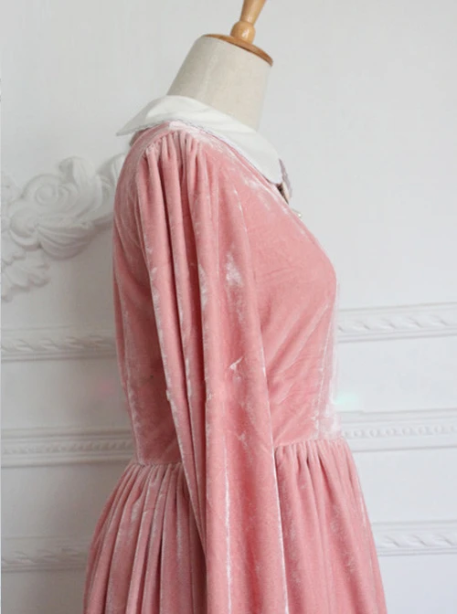 Retro Pink Pleuche Round Collar Long Sleeves Classic Lolita Dress 5 Retro Pink Pleuche Round Collar Long Sleeves Classic Lolita Dress - Image 3