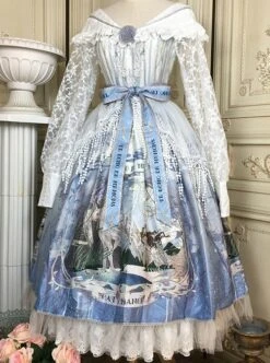 Echo Voice Series SP Printing Back Placket V Collar Cuff Drawstring Tea Party Style Classic Lolita Lace Long Sleeves Dress -MIMY Lolita Shop 3 500x672 426