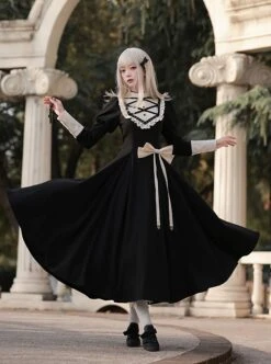 Twilight Mail Series White Ruffled Edge Splicing Black Big Hem Bowknot Classic Lolita Juliet Sleeves Dress -MIMY Lolita Shop 3 500x672 432