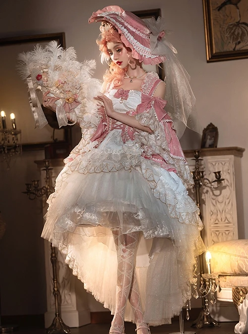 Riparbella Series White Pink Noble Gorgeous Flower Wedding Classic Ribbon Bowknot Ruffles Lolita Sleeveless Dress Hat Set 8 Riparbella Series White Pink Noble Gorgeous Flower Wedding Classic Ribbon Bowknot Ruffles Lolita Sleeveless Dress Hat Set - Image 6