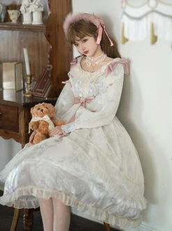 Elegant Vintage White Camellia Pattern Print Decoration Lace Pleated Crew Neck Design Classic Lolita Long Sleeve Dress -MIMY Lolita Shop 3 500x672 435