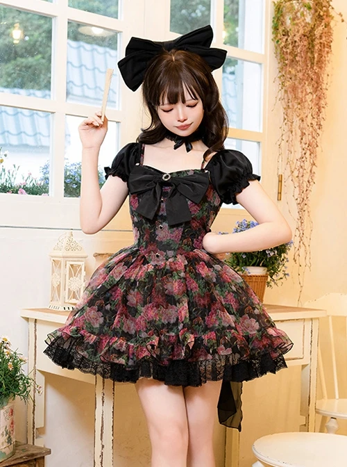 Chinese Style Northeast Big Flower Beautiful Black Bowknot Exquisite Mesh Yarn Classic Lolita Puff Sleeves Slip Dress 5 Chinese Style Northeast Big Flower Beautiful Black Bowknot Exquisite Mesh Yarn Classic Lolita Puff Sleeves Slip Dress - Image 3