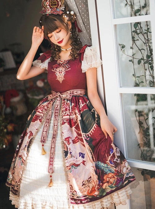 Wanhua Mirror Series Classical Elegant Square Neck Small Fly Sleeve Design Retro Oil Painting Print Ruffle Hem Classic Lolita Short Sleeve Dress 7 Wanhua Mirror Series Classical Elegant Square Neck Small Fly Sleeve Design Retro Oil Painting Print Ruffle Hem Classic Lolita Short Sleeve Dress - Image 5