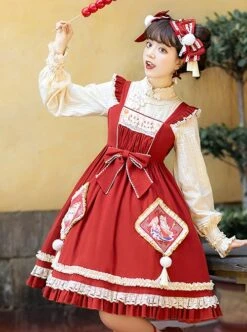 Little Tiger Series Chinese Style Stand-Up Collar Little Tiger Print Fur Ball Tassel Fake Two-Piece Design Classic Lolita Long-Sleeved Dress -MIMY Lolita Shop 3 500x672 476