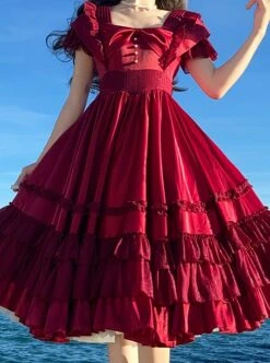 French Court Elegant Solid Color Square Neck Bow Ruffled Large Skirt Hem Chiffon Classic Lolita Short-Sleeved Dress -MIMY Lolita Shop 3 500x672 494