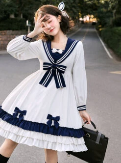 Heart Route Series OP White Sailor Suit V-Neck Design Bow Knots Decoration Long Sleeve Classic Lolita Dress -MIMY Lolita Shop 3 500x672 496