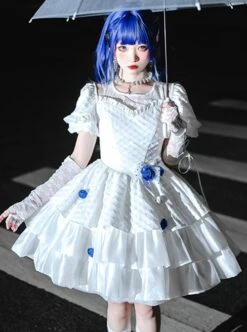 White Jacquard Lace Puff Sleeve Blue Rose Decoration Sexy Gothic Lolita Short Sleeve Dress -MIMY Lolita Shop 3 500x672 50