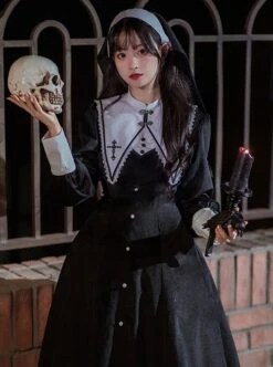 Twilight Prayer Series Nun Style False Collar Detachable Early Spring Retro Lantern Sleeve Gothic Lolita Long Sleeve Dress -MIMY Lolita Shop 3 500x672 51