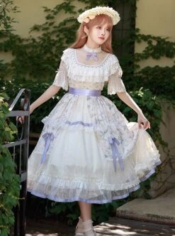 Edwardian Collar Bowknot Decoration Puff Sleeves Lace Ruffles Exquisite Printing Mosaic Crystal Yarn Classic Lolita Short-Sleeved Dress -MIMY Lolita Shop 3 500x672 545