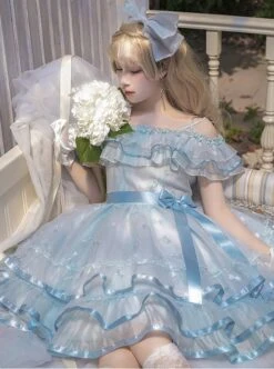 Daughter Of The Sea Series Light Blue Sling One-Shoulder Dreamy Fine Glitter Butterfly Embroidery Classic Lolita Sleeveless Dress -MIMY Lolita Shop 3 500x672 548