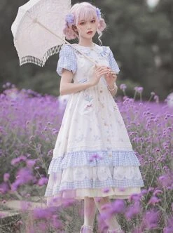 Tulip Bouquet Series Pastoral Style Doll Collar Lace Floral Plaid Lantern Sleeve Classic Lolita Short-Sleeved Dress -MIMY Lolita Shop 3 500x672 550