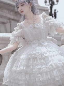 Pure White Elegant Multi-Layer Gorgeous Hem Classic Lolita Bowknot Decoration Short-Sleeved Dress -MIMY Lolita Shop 3 500x672 551