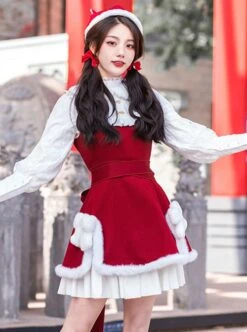 White Plush Round Neck Plush Bow-Knot Slit Hem Design Winter Classic Lolita Sleeveless Dress -MIMY Lolita Shop 3 500x672 552