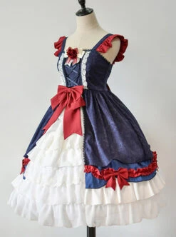 Delicate Print Ornament Pleated Lace Red Bow Knot Design Cross Tie Jacquard Lace Classic Lolita Dress -MIMY Lolita Shop 3 500x672 558