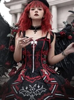 Black-Red Gorgeous Embroidered Jacquard Bat Detachable Tassel Bowknot Lacing Halloween Gothic Lolita Sleeveless Dress -MIMY Lolita Shop 3 500x672 56