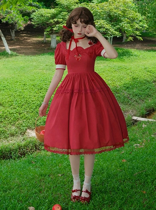Pastoral Scenery Red Apple Bowknot Embroidered Classic Lolita Cotton Square Collar Lace Puff Sleeve Summer Dress 7 Pastoral Scenery Red Apple Bowknot Embroidered Classic Lolita Cotton Square Collar Lace Puff Sleeve Summer Dress - Image 5