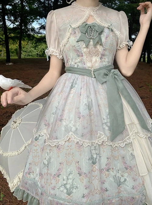 Lily Of The Valley Blossom Series Chiffon Lace Bowknot Pearl Chain Decoration Classic Lolita Sleeveless Dress Set 5 Lily Of The Valley Blossom Series Chiffon Lace Bowknot Pearl Chain Decoration Classic Lolita Sleeveless Dress Set - Image 3