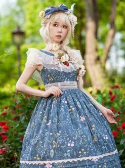 Flower And Grass Collection Series JSK Blue Floral Print Elegant Classic Lolita Sleeveless Dress Suit -MIMY Lolita Shop 3 500x672 563
