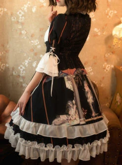 Narkissos Series Printing Retro Black Classic Lolita Short Sleeve Dress -MIMY Lolita Shop 3 500x672 567