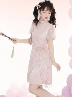 Pink Jacquard Embroidery Chinese Style Improved Cheongsam Jacquard Lace Bow Knot Stand Collar Plate Buckle Tassel Decoration Classic Lolita Dress -MIMY Lolita Shop 3 500x672 568