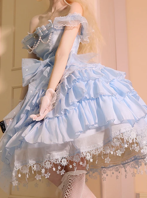 Snow Series JSK Solid Color Layered Pleated Lace Jacquard Star Embroidery Hem Bow Knot Decoration Sequin Pearl Classic Lolita Dress 8 Snow Series JSK Solid Color Layered Pleated Lace Jacquard Star Embroidery Hem Bow Knot Decoration Sequin Pearl Classic Lolita Dress - Image 6