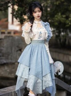 Sea Flowers Series Blue New Chinese Style Wesh Yarn Lace Fake Two Piece Irregular Embroidered Classic Long Sleeves Lolita Dress -MIMY Lolita Shop 3 500x672 584