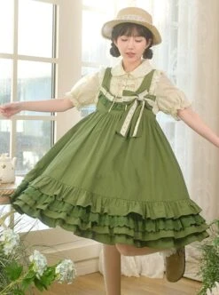 Forest Style Leaf Lace Ruffles Bowknot Sweet Retro Doll Classic Lolita Green Suspender Dress Short Sleeves Shirt Set -MIMY Lolita Shop 3 500x672 594