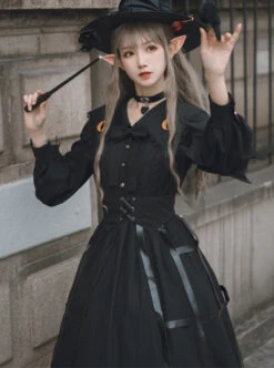 Cat-eye Series OP Black Halloween Darkness Retro Irregular Hem Gothic Lolita Long Sleeve Dress -MIMY Lolita Shop 3 500x672 6
