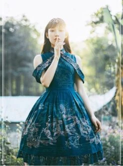 Blue Kowloon Missing Shoulder Print Dress -MIMY Lolita Shop 3 500x672 60