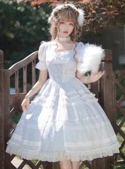 Shell Wind Chime Series Elegant Square Neck Lily-Of-The-Valley Embroidered Polka Dot Yarn Hem Classic Lolita Short-Sleeved Dress -MIMY Lolita Shop 3 500x672 603