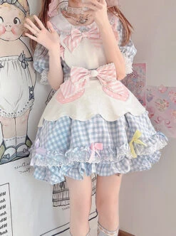 Cute Pastry Chef Checkerboard Design Pleated Ruffled Hem Bow Knot Apron Doll Neckline Classic Lolita Dress -MIMY Lolita Shop 3 500x672 604