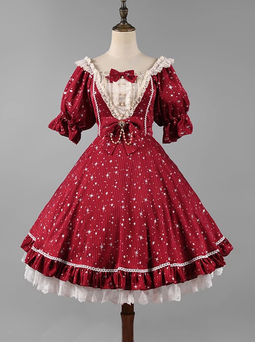 Classic Lolita Retro Solid Color Star Shape Embellishment Design Pleated Neckline Bow Knot Decoration Short Sleeve Dress 7 Classic Lolita Retro Solid Color Star Shape Embellishment Design Pleated Neckline Bow Knot Decoration Short Sleeve Dress - Image 5