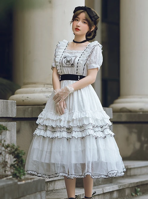 White Jacquard Butterfly Embroidered Elegant Square Neck Multi-Layer Lace Hem Classic Lolita Short Sleeve Dress 3 White Jacquard Butterfly Embroidered Elegant Square Neck Multi-Layer Lace Hem Classic Lolita Short Sleeve Dress
