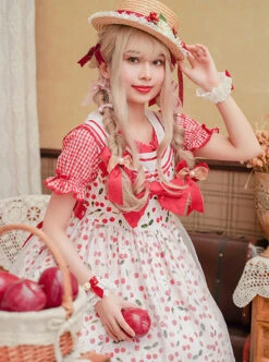 Ice Cherry Series Cherry Floral Print Pleated Mesh Personalized Square Neckline Bow Knots Classic Lolita Dress JSK Shirt Set -MIMY Lolita Shop 3 500x672 628