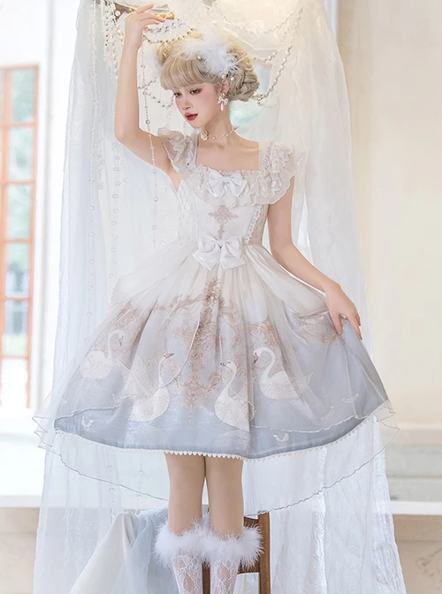 Swan Dream Series Noble White Blue Gradient Elegant Fairy Transparent Tulle Swan Lake Print Classic Lolita Sleeveless Dress 3 Swan Dream Series Noble White Blue Gradient Elegant Fairy Transparent Tulle Swan Lake Print Classic Lolita Sleeveless Dress