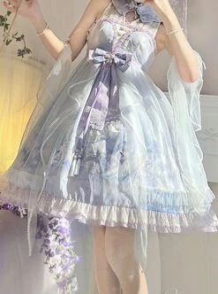 Chinoiserie Purple Stand Collar Lace Bead Chain Bow Fringe Design Swan Castle Print Classic Lolita Sleeveless Dress -MIMY Lolita Shop 3 500x672 638