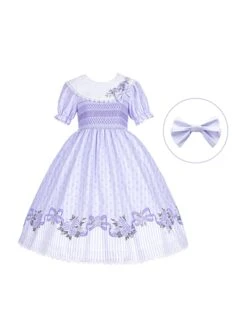 Pastoral Style Round Neck Rose Embroidery Floral Stripe Stitching Pure Color Classic Lolita Short Sleeved Dress -MIMY Lolita Shop 3 500x672 650