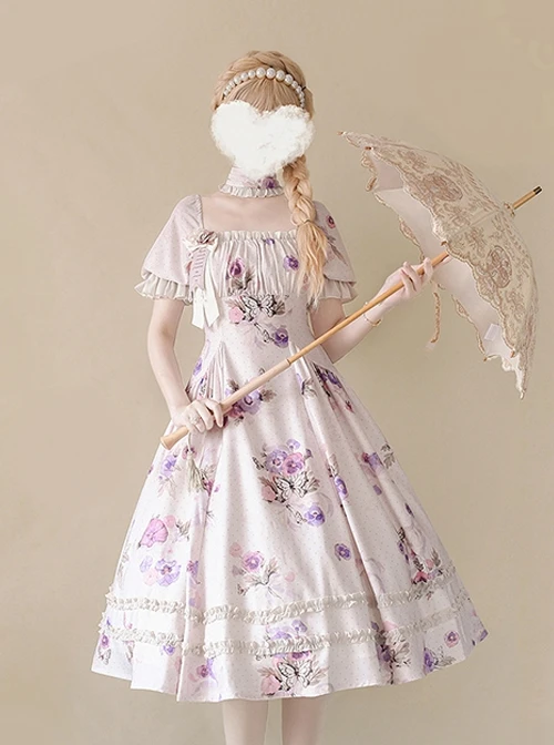 Sen Department Fresh Small Square Neck Rose Pattern Print White Bubble Short Sleeve Slim Fit Classic Lolita Dress 4 Sen Department Fresh Small Square Neck Rose Pattern Print White Bubble Short Sleeve Slim Fit Classic Lolita Dress - Image 2